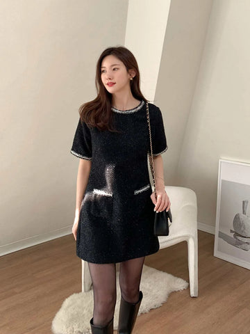 DAZY Contrast Trim Pocket Front Tweed Dress