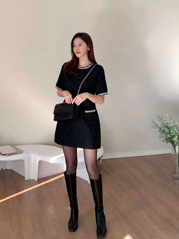 DAZY Contrast Trim Pocket Front Tweed Dress