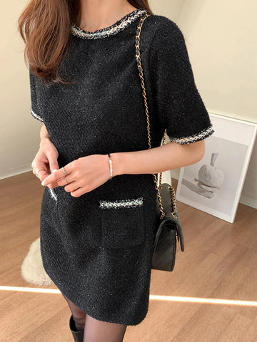 DAZY Contrast Trim Pocket Front Tweed Dress