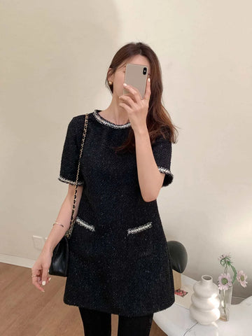 DAZY Contrast Trim Pocket Front Tweed Dress