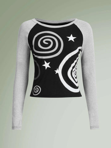 ROMWE Fairycore Star Print Colorblock Raglan Sleeve Tee