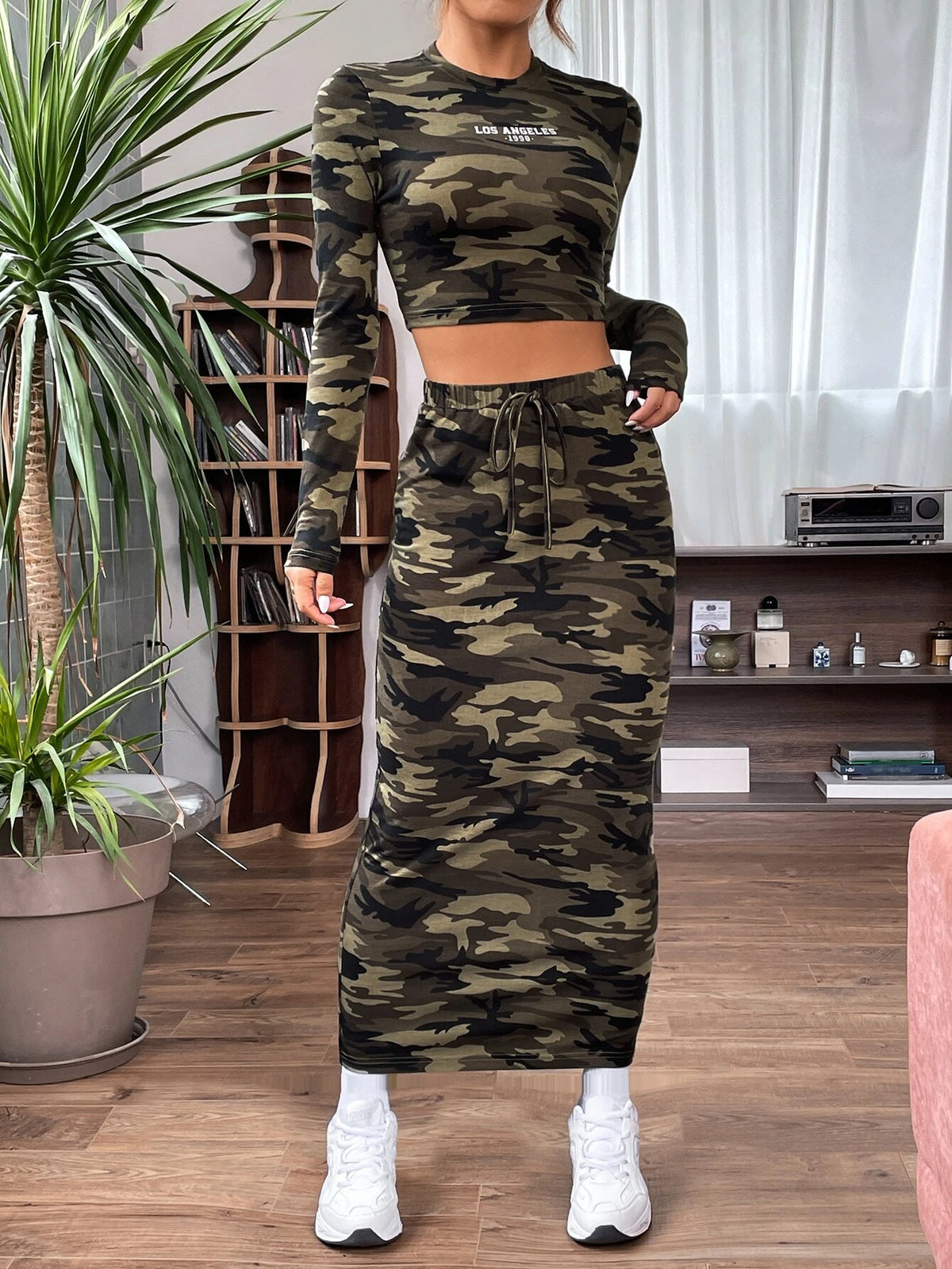 Camo Print Crop Tee & Drawstring Waist Skirt
