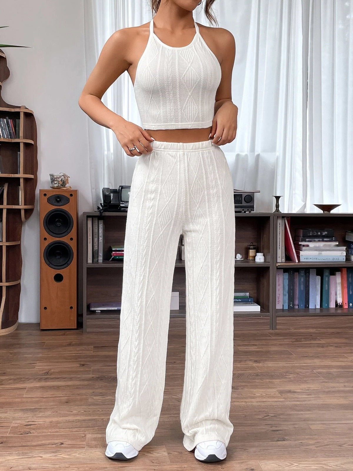 Solid Crop Halter Top & Wide Leg Pants