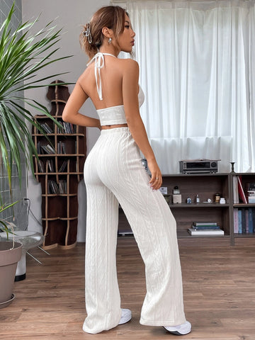 Solid Crop Halter Top & Wide Leg Pants