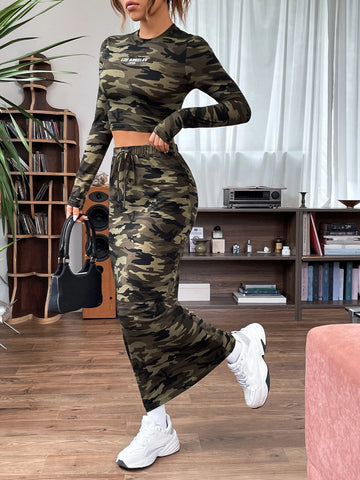 Camo Print Crop Tee & Drawstring Waist Skirt