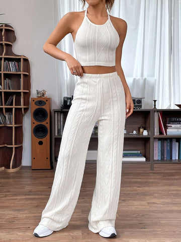 Solid Crop Halter Top & Wide Leg Pants