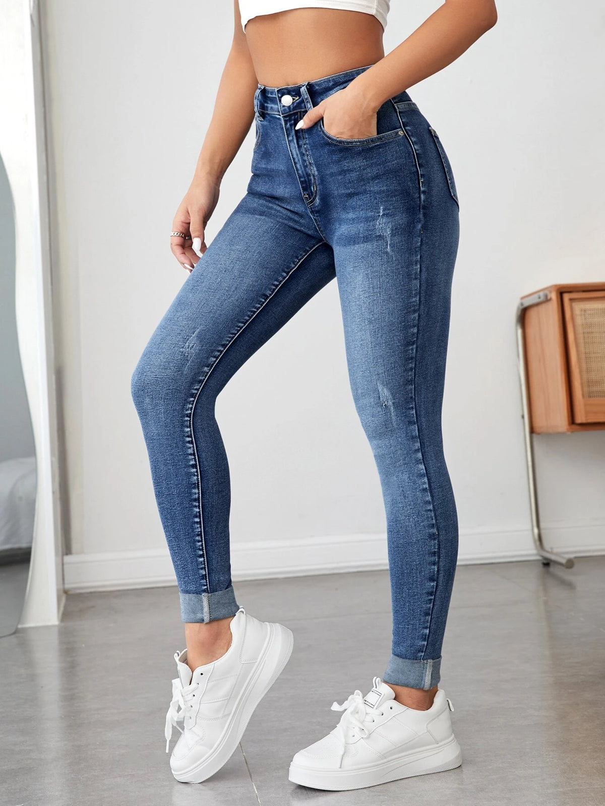 PETITE High Waist Roll Up Hem Skinny Jeans