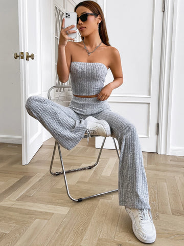 EZwear Ribbed Knit Tube Top & Flare Leg Pants