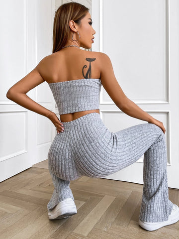 EZwear Ribbed Knit Tube Top & Flare Leg Pants