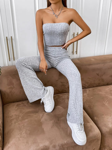EZwear Ribbed Knit Tube Top & Flare Leg Pants