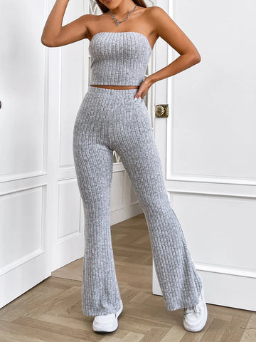 EZwear Ribbed Knit Tube Top & Flare Leg Pants