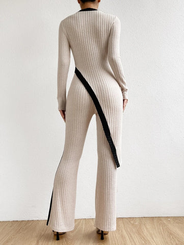 Contrast Trim Asymmetrical Hem Tee & Pants