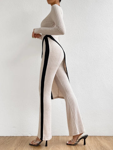 Contrast Trim Asymmetrical Hem Tee & Pants