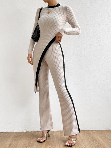 Contrast Trim Asymmetrical Hem Tee & Pants