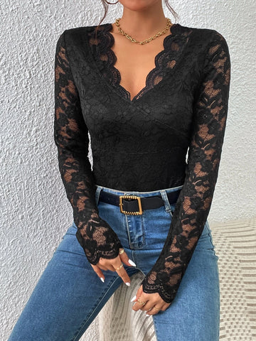 Contrast Lace Scallop Trim Lace Bodysuit