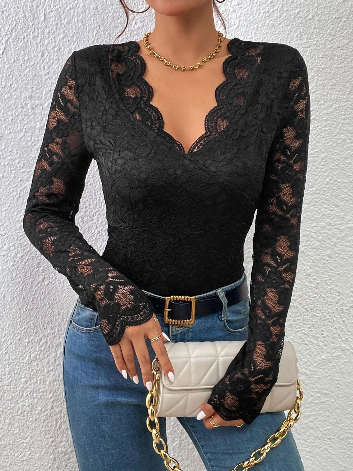 Contrast Lace Scallop Trim Lace Bodysuit