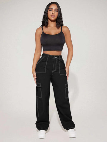 PETITE High Waist Flap Pocket Side Cargo Jeans