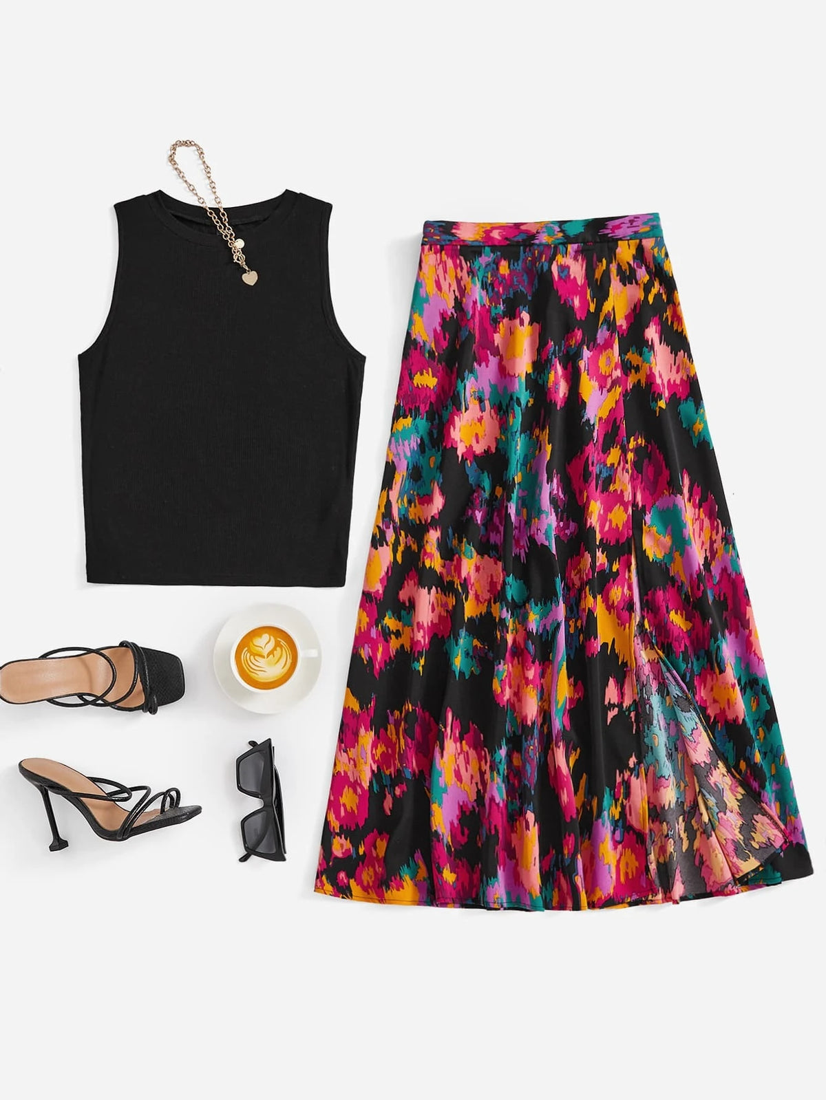 Solid Tank Top & Graphic Print Split Thigh Skirt
