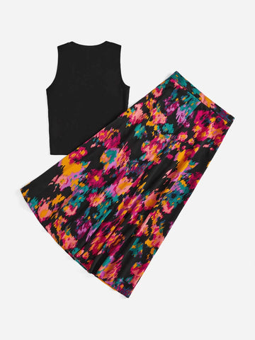 Solid Tank Top & Graphic Print Split Thigh Skirt