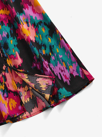 Solid Tank Top & Graphic Print Split Thigh Skirt