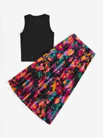 Solid Tank Top & Graphic Print Split Thigh Skirt