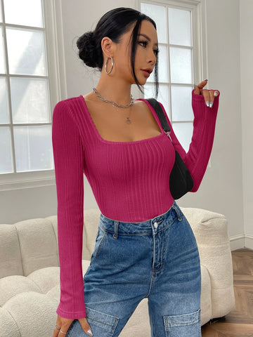 Square Neck Ribbed Knit Tee