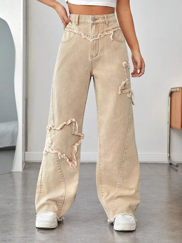 High Waist Raw Trim Wide Leg Jeans