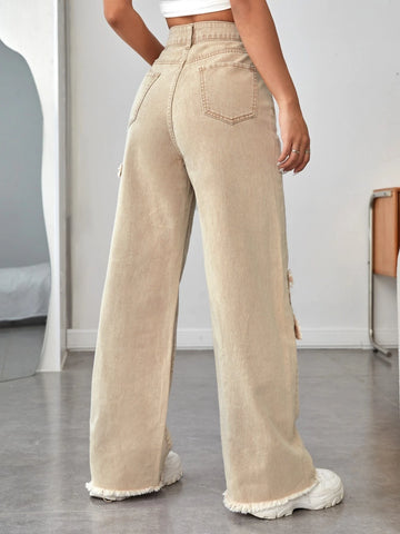 High Waist Raw Trim Wide Leg Jeans