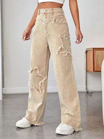 High Waist Raw Trim Wide Leg Jeans