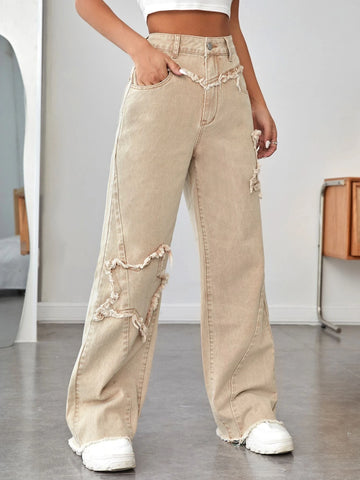 High Waist Raw Trim Wide Leg Jeans
