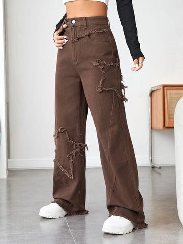 High Waist Raw Trim Wide Leg Jeans