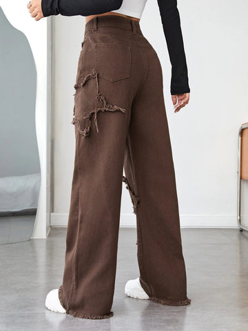 High Waist Raw Trim Wide Leg Jeans