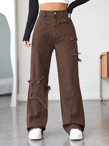 High Waist Raw Trim Wide Leg Jeans