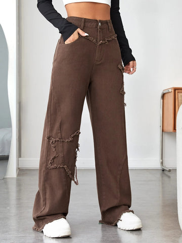High Waist Raw Trim Wide Leg Jeans
