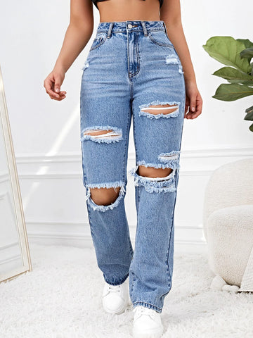 Ripped Straight Leg Jeans