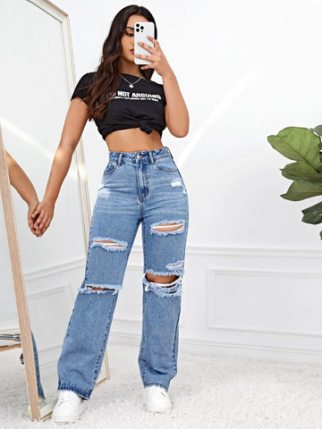 Ripped Straight Leg Jeans