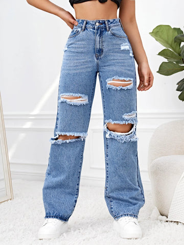 Ripped Straight Leg Jeans