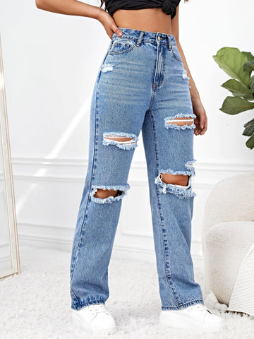 Ripped Straight Leg Jeans