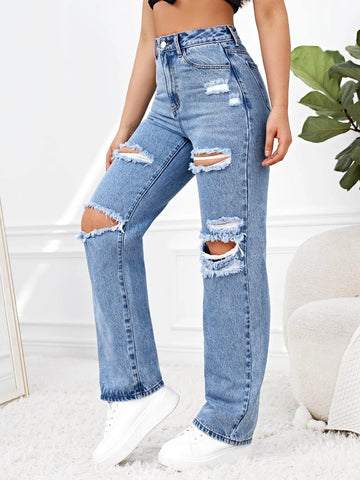 Ripped Straight Leg Jeans