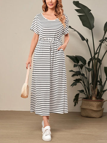 EMERY ROSE Striped Print Batwing Sleeve Drawstring Waist Dress
