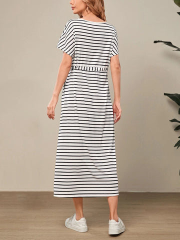 EMERY ROSE Striped Print Batwing Sleeve Drawstring Waist Dress