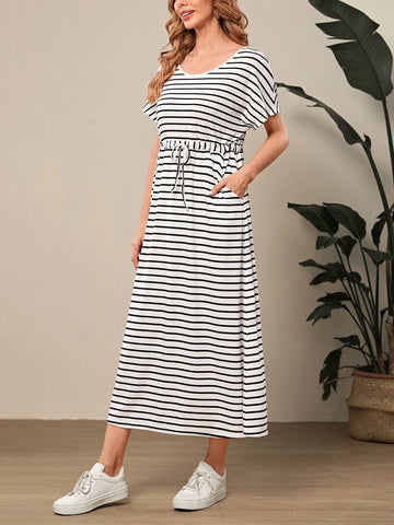 EMERY ROSE Striped Print Batwing Sleeve Drawstring Waist Dress