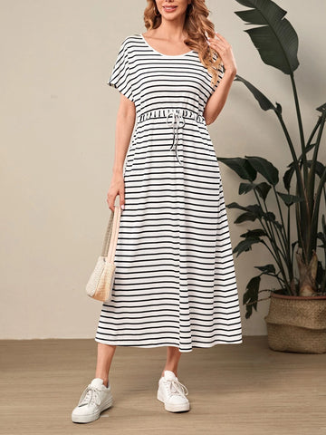 EMERY ROSE Striped Print Batwing Sleeve Drawstring Waist Dress