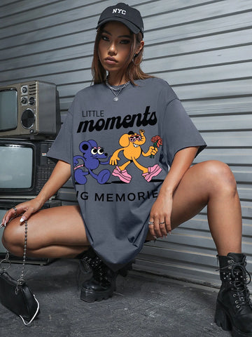 Cartoon & Letter Graphic Drop Shoulder Oversize Tee