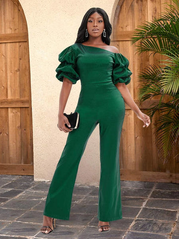 Asymmetrical Neck Puff Sleeve Flare Leg Jumpsuit