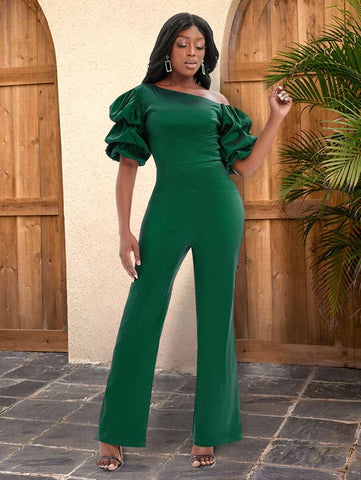 Asymmetrical Neck Puff Sleeve Flare Leg Jumpsuit