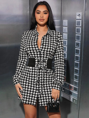PETITE Houndstooth Print Shirt Dress With Lace Up Corset