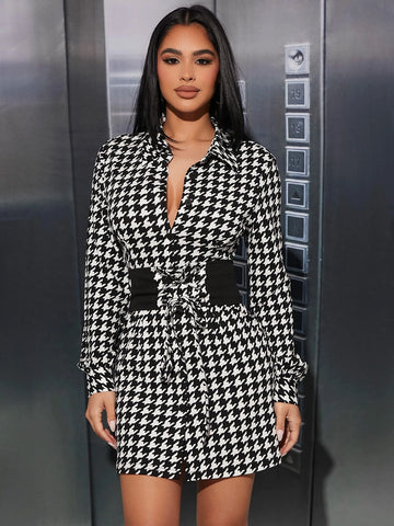 PETITE Houndstooth Print Shirt Dress With Lace Up Corset