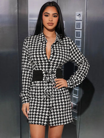 PETITE Houndstooth Print Shirt Dress With Lace Up Corset