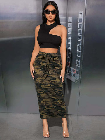PETITE Camo Print Knot Front Pencil Skirt